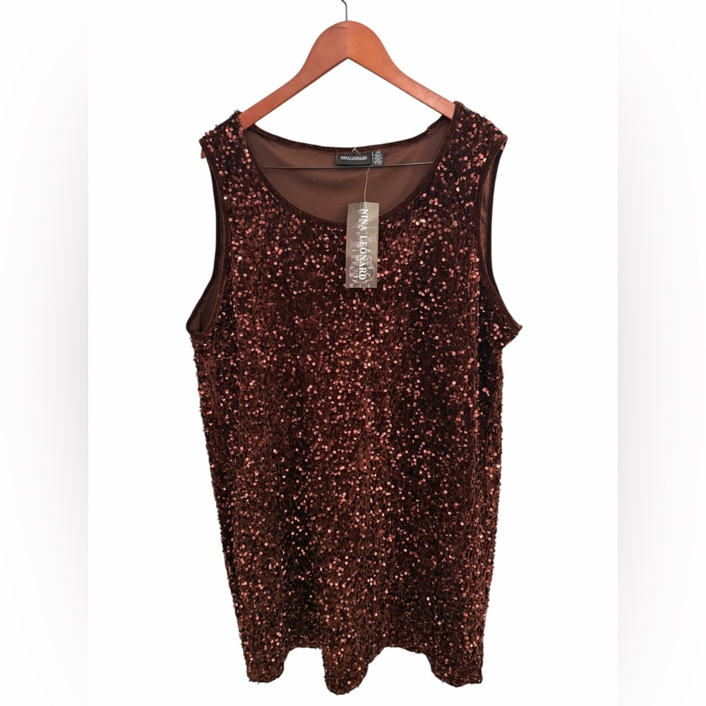 Nina Leonard Brown Sequin Midi Dress Velvet Stretch 3X NEW